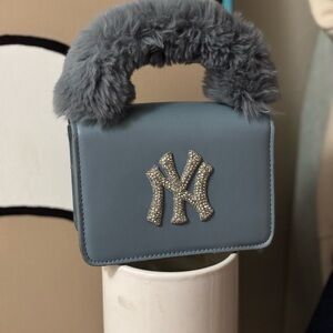 Blue Faux Fur Handle Bag with Rhinestone Logo